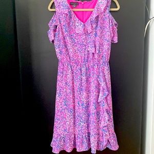 Off shoulder dress with ruffle down the center, beautiful colors!